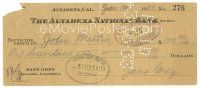 7t428 ZANE GREY signed canceled check '33 lending a hundred dollars to a friend!