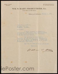 7t159 WILLIAM S. HART signed letter '18 thanking a fan for a painting she gave him!