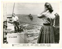 7w459 KEY LARGO 8x10 still '48 Lauren Bacall on pier looks at Humphrey Bogart on his boat!