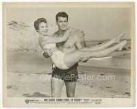 7w734 UP PERISCOPE 8x10 still '59 barechested James Garner carrying sexy Andra Martin on beach!