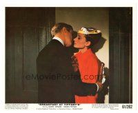 7w133 BREAKFAST AT TIFFANY'S color 8x10 still '61 Peppard kisses Audrey Hepburn wearing party mask!