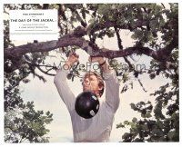 7w137 DAY OF THE JACKAL color English FOH LC '73 Edward Fox practices shooting melon tied to tree!