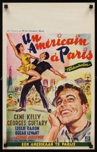 7z594 AMERICAN IN PARIS Belgian '51 art of Gene Kelly dancing with sexy Leslie Caron by Wik!