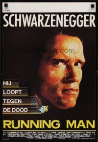 7z766 RUNNING MAN Belgian '88 huge close up headshot of Arnold Schwarzenegger!