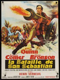 7z485 GUNS FOR SAN SEBASTIAN French 23x32 '68 art of one-man army Anthony Quinn as he fires cannon!