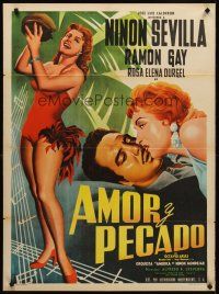 7z080 AMOR Y PECADO Mexican poster '56 full-length art of sexy Ninon Sevilla by L. Mendoza!