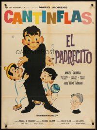 7z085 EL PADRECITO Mexican poster '64 art of priest Cantinflas hiding cigarette from kids!