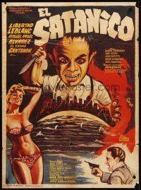 7z086 EL SATANICO Mexican poster '68 art of sexy babe & crazed guy with knife looming over city!