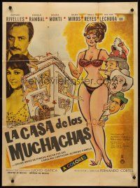 7z089 LA CASA DE LAS MUCHACHAS Mexican poster '69 great full-length art of sexy girl!