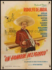 7z102 UN HOMBRE PELIGROSO Mexican poster '65 art of Rodolfo De Anda in sombrero w/smoking gun!