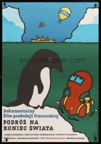 7z176 VOYAGE TO THE EDGE OF THE WORLD Polish 27x38 '79 art of scuba diver & penguin by Mlodozeniec!