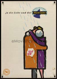 8a231 PISCHL LODEN Austrian clothing poster '50s cool Felzer art of couple in wool kissing in rain!