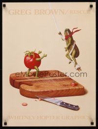8a623 GREG BROWN RESCUE commercial poster '90s art of masked zucchini rescuing tomato