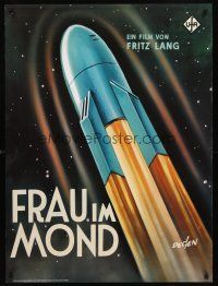 8a705 WOMAN IN THE MOON German commercial poster '90s Fritz Lang, cool Kurt Degen art of rocket!