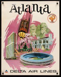 8a273 DELTA AIRLINES: ATLANTA heavy stock travel poster '70s wonderful colorful art by Sweney!