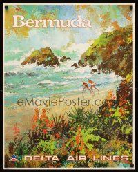 8a274 DELTA AIRLINES: BERMUDA travel poster '70s Jack Laycox artwork of the beach!