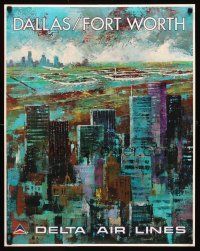 8a277 DELTA AIRLINES: DALLAS/FORT WORTH travel poster '70s art of city & airport by Jack Laycox!