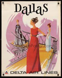 8a276 DELTA AIRLINES: DALLAS heavy stock travel poster '70s cool Sweney art of fashion models!