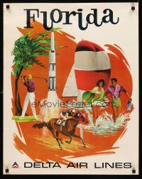 8a278 DELTA AIRLINES: FLORIDA heavy stock travel poster '70s Sweney art of vacationers!