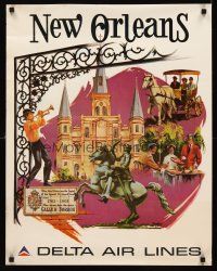 8a282 DELTA AIRLINES: NEW ORLEANS heavy stock travel poster '70s Sweney art of NOLA attractions!