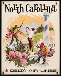 8a283 DELTA AIRLINES: NORTH CAROLINA heavy stock travel poster '70s Sweney art of golfer & fishermen