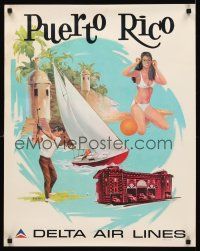 8a284 DELTA AIRLINES: PUERTO RICO heavy stock travel poster '70s Sweney art of golfer & sexy girl!