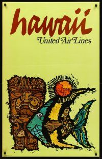 8a310 HAWAII UNITED AIR LINES travel poster '67 cool art of fish & totem by Barry!