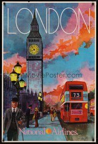 8a312 LONDON NATIONAL AIRLINES travel poster '70s double-decker bus, bobby & Big Ben!