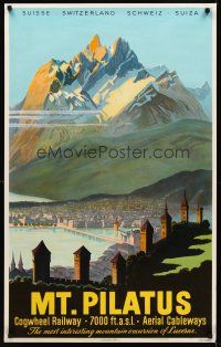 8a314 MT. PILATUS Swiss travel poster '50s wonderful art of mountain & city in valley!