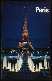 8a316 PARIS French travel poster '60s cool image of Eiffel Tower & fountains at night!