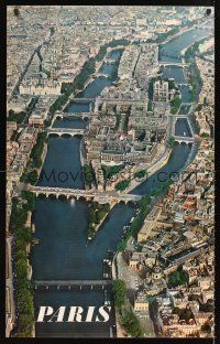 8a317 PARIS French travel poster '60s wonderful aeriel photo of city & Seine River!