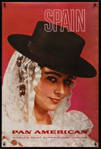 8a328 SPAIN PAN AMERICAN travel poster '60s great image of pretty Spainiard in hat!