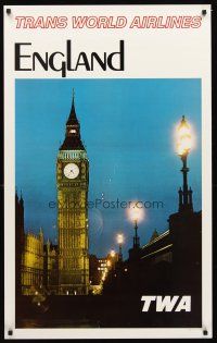 8a329 TRANS WORLD AIRLINES ENGLAND travel poster '75 wonderful image of Big Ben at night!