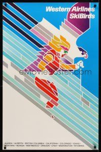 8a333 WESTERN AIRLINES SKIBIRDS travel poster '70s cool Don Weller art of skier!