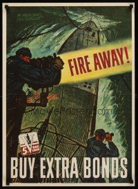 8a028 FIRE AWAY! 20x28 WWII war poster '44 great Schreiber art of submarine & searchlight!