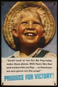 8a019 PRODUCE FOR VICTORY 24x36 WWII war poster '42 cute image of kid admiring aircraft!