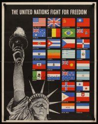 8a035 UNITED NATIONS FIGHT FOR FREEDOM 22x28 WWII war poster '42 art of Lady Liberty & 30 flags!