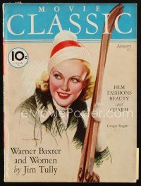 8b158 MOVIE CLASSIC magazine January 1936 art of Ginger Rogers with skis by Charles Sheldon!