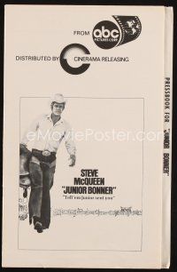 8b366 JUNIOR BONNER pressbook '72 full-length rodeo cowboy Steve McQueen carrying saddle!