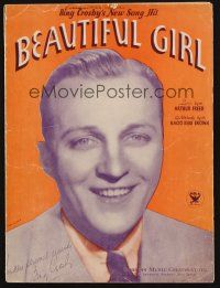 8b252 BEAUTIFUL GIRL sheet music '33 great head & shoulders portrait of Bing Crosby!