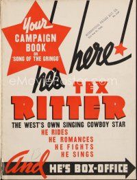 8b395 SONG OF THE GRINGO pressbook '36 cowboy Tex Ritter rides, romances, fights & sings!