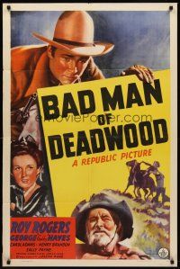 8c063 BAD MAN OF DEADWOOD 1sh '41 art of Roy Rogers with gun drawn, Gabby Hayes, Carol Adams!