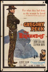 8c103 BRAVADOS 1sh '58 full-length art of cowboy Gregory Peck with gun & sexy Joan Collins!
