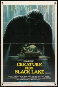 8c149 CREATURE FROM BLACK LAKE 1sh '76 cool art of monster looming over guys in boat by McQuarrie!