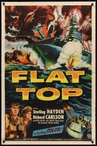 8c240 FLAT TOP 1sh '52 Sterling Hayden, cool art of World War II aircraft carrier ship under fire!