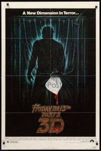 8c252 FRIDAY THE 13th PART 3 - 3D 1sh '82 slasher sequel, art of Jason stabbing through shower!