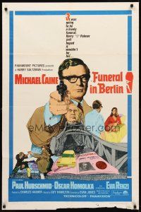 8c260 FUNERAL IN BERLIN 1sh '67 cool art of Michael Caine pointing gun, directed by Guy Hamilton!