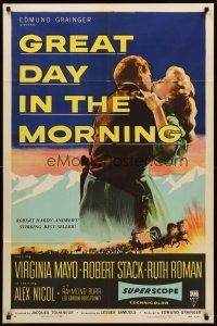 8c285 GREAT DAY IN THE MORNING style A 1sh '56 art of Robert Stack w/two guns & sexy Virginia Mayo!