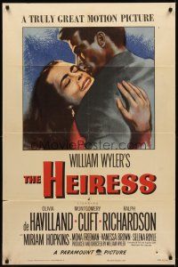 8c311 HEIRESS style A 1sh '49 William Wyler, romantic c/u of Olivia de Havilland & Montgomery Clift!