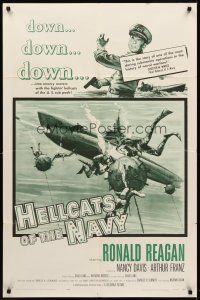 8c313 HELLCATS OF THE NAVY 1sh '57 art of Ronald Reagan in the only movie he made with Nancy!